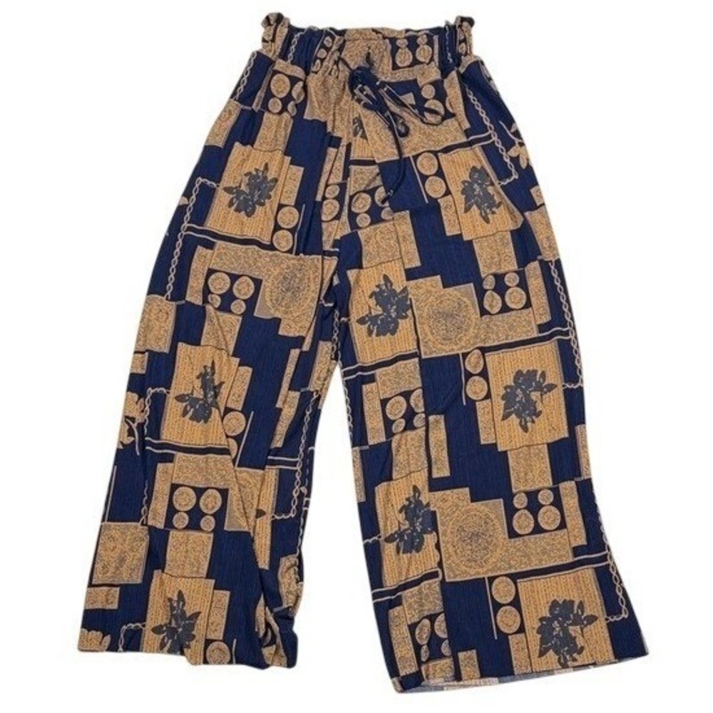 Fashion Womens One Size Wide Leg Crop Pants Navy Tan‎ Geometric Floral Print